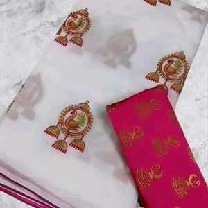 Beautiful 😍 White Cotton Elephant Print Saree