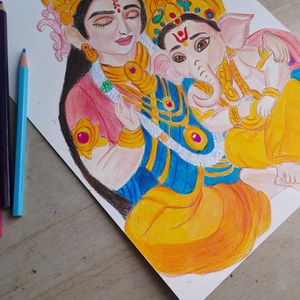 Maa Parvati And Ganapati Bappa Drawing A4 Size