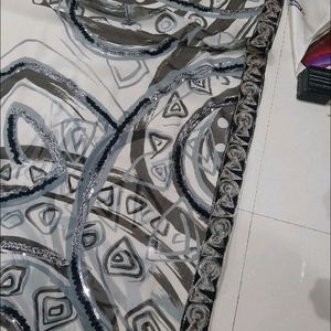 Black And White Sequence Saree With Lace Border