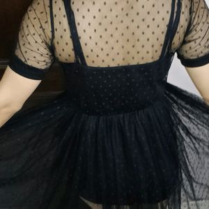 Women Black Polka Dot Transparent Flare Dress