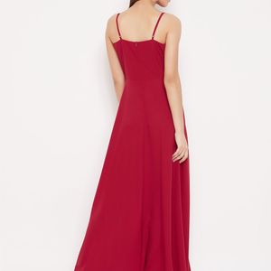 Berrylush Women Solid Red V-Neck Flared Maxi Dress