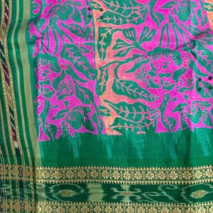 Pure Silk Khandua Ikkat With Beautiful Handblock