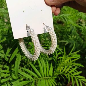 White Fancy Bead Hoop Earrings - Light Weigh