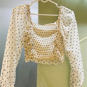 Zara White Polka Dot Top With Full Puffy Sleeves