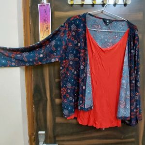 FIG Blue Print Shrug With Red Tank Top