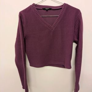 Purple Ribbed Full-sleeved Casual Top