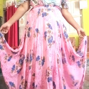 Pink floral long skirt for women