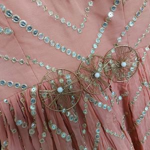 Pastel Peach Sequinn Embroidery Evening Gown