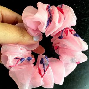 Pink Organza Scrunchie With Embroidery 🌸