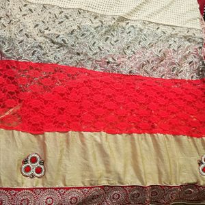 Beautiful Red And Creamy Saree With Work