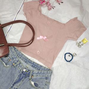 Coquette Core Pink Bow Crop Top