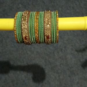 New Light Green Bangles Set With Golden Kadas