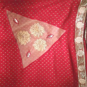 Red Block Buti Saree With Net And Siquence Border