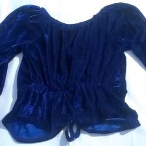 Navy Blue Velvet Crop Top With V Neck