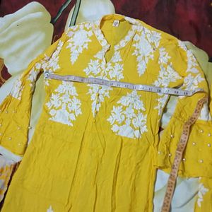 Front Cut Yellow Kurta Palazzo With Dupatta