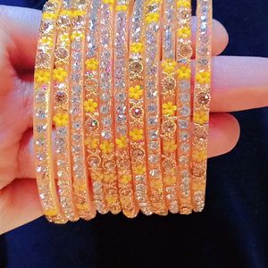 Glass Yellow Bangles 10 Peices