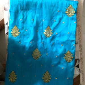 Cyan Blue  Zari Embroidery Saree  With Stone Work