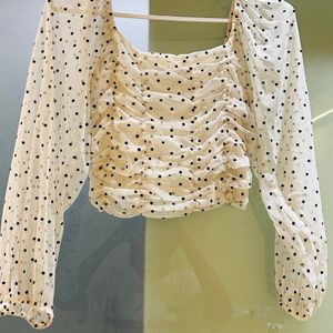 Zara White Polka Dot Top With Full Puffy Sleeves