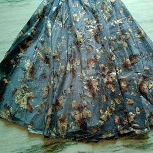 Turquoise Blue Organza Floral Printed Lehenga Chol