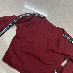 Maroon Fitted Full Sleeve Crop Top