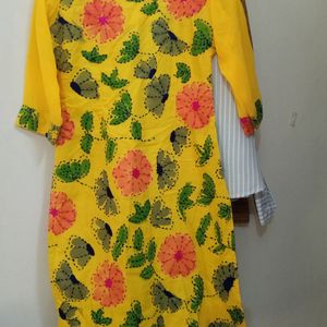 Yellow Fully Thread Worked New Kurtha