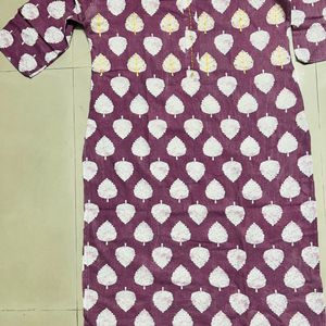 Leaves Printed Round Neck Light Purple Kurta