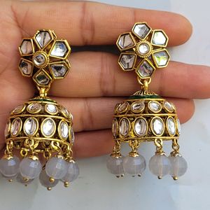 Gray Kundan Jhumka Set