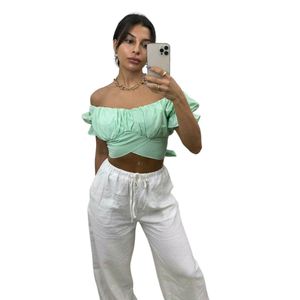 Puff Sleeves Bardot Knot Detail Crop Top