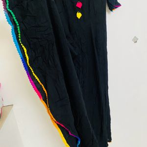 Black Flair Kurtha With Multi Clr Pom Po