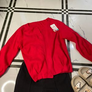 Red Cardigan With Black Trouser And Flat Wth Kurti