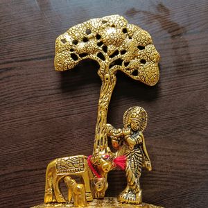 Metal Krishna with Cow Standing Under Tree