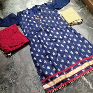 Blue Kurti Red Churi Cotton Pant And Cream Dupatta