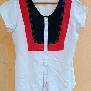 Khadi Look Beige Top w/ Black + Red Bib Collar