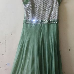 One Piece Dress In Pista Green Color With Real Mirror Work On Yolk