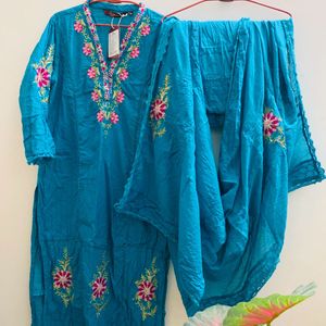 Blue Woven Thread Work Pure Cotton Kurta Set