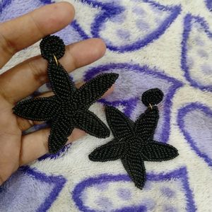 Flower Shaped Black Beaded Earrings