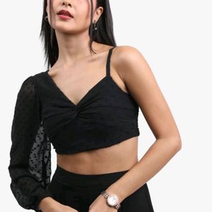 Womens One Shoulder Puff Sleeves Crop Top