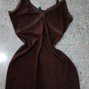 Hnm Brown Ribbed Lace Trimmed Dress