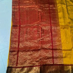 Yellow N Red Colour Pure Gadwal Saree