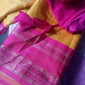 Mango Yellow And Pink Border Saree With Blouse