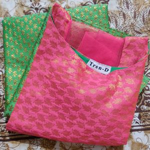 Parrot Green And Pink Brocade Kurta