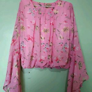 Pink Floral Top, Frill And Long Sleeve