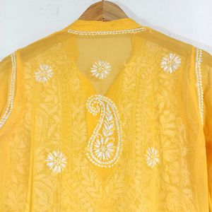 Bright Yellow Chikan-Kari Kurti With Cotton Inner