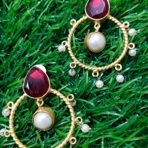 Brass Earrings With Red Stone And Beads