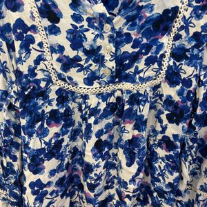 White Blue Floral Cotton Top