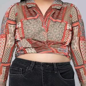 Brown And Red Geometric Printed Wrap Crop Top