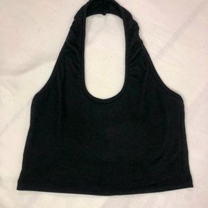 Halter Neck Ribbed Black Top