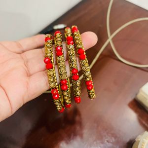 Red Golden Stone Studded Kada Bangles