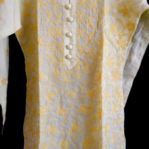 Chikankari Yellow Long Kurti