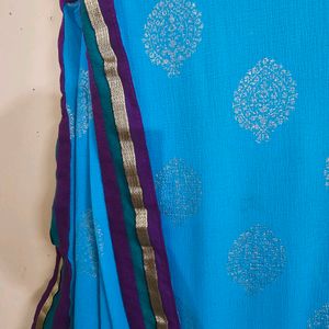 Printed BLUE Saree With Stitched Blouse